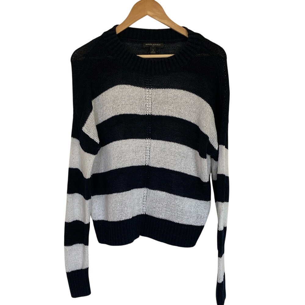 Banana Republic Open Knit Sweater Size Small Navy White Stripe Nautical Preppy‎